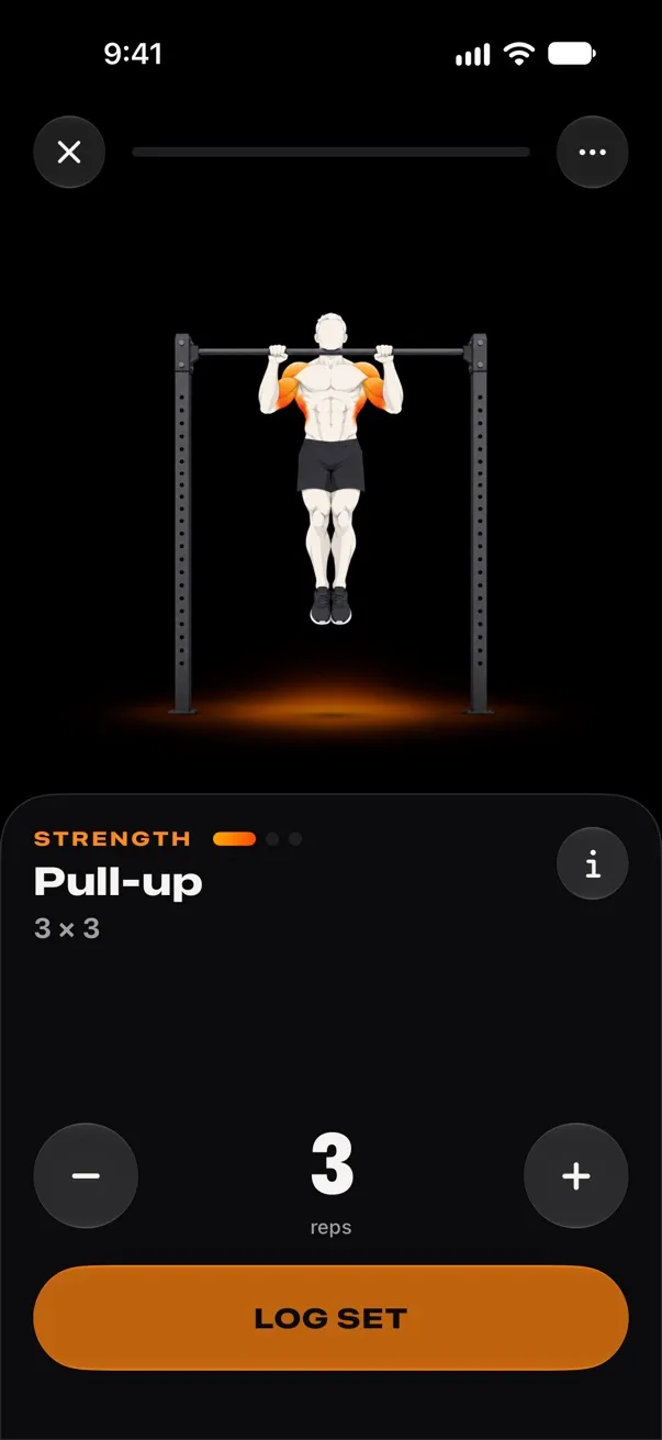 The workout player with a pull-up set and a Log Set button