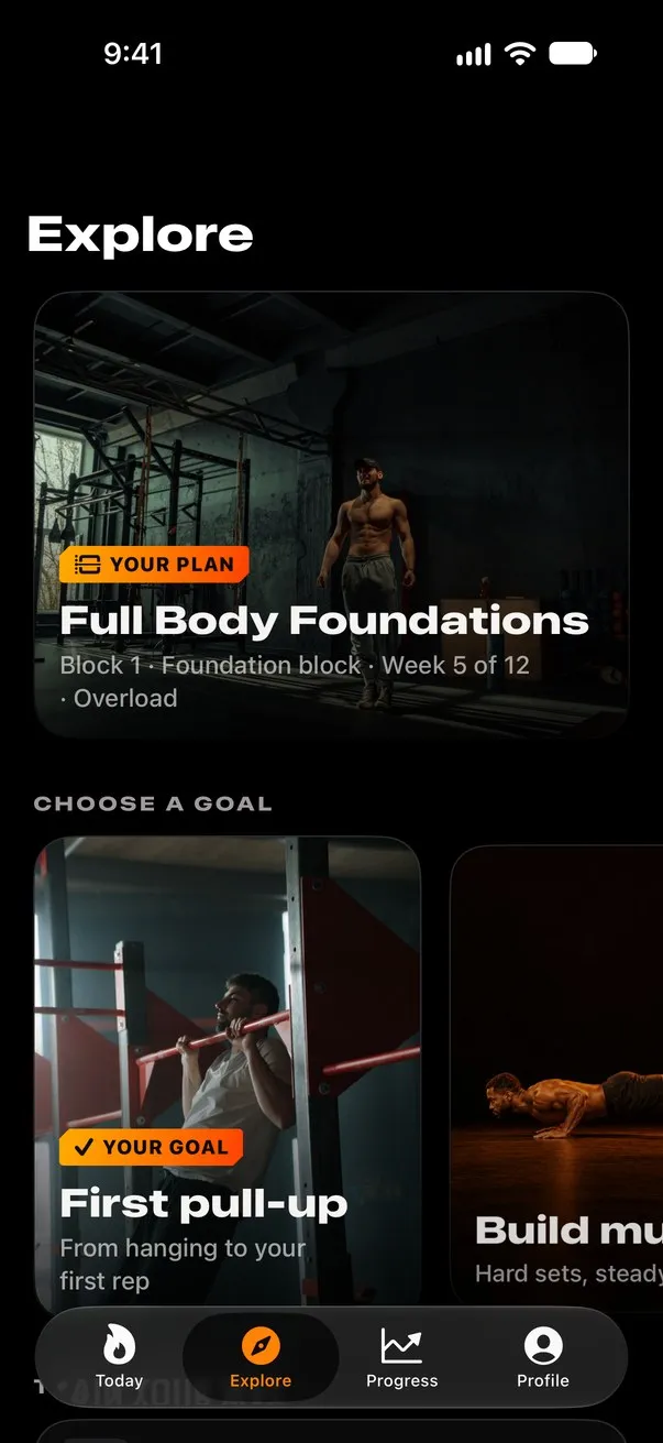 The Explore tab, with your training plan and goals to work towards.